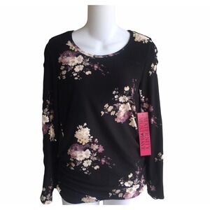 Emma's Expressions Black Floral Maternity Top Lattice Long Sleeve Soft Small NWT